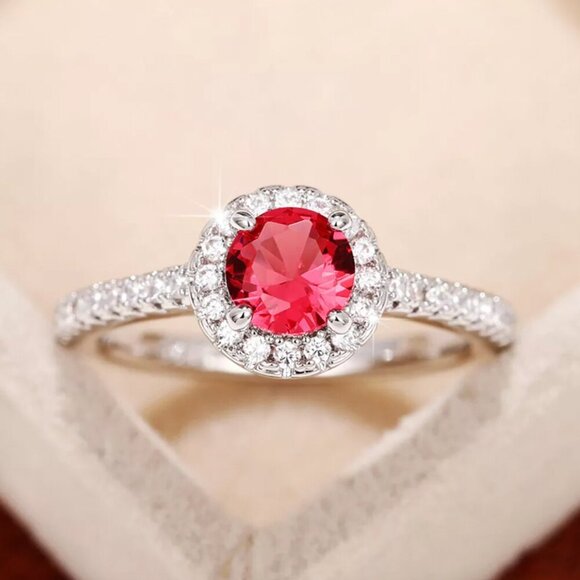 NEW 14k White Gold Ruby Diamond Ring Halo Round Cut - Picture 1 of 8